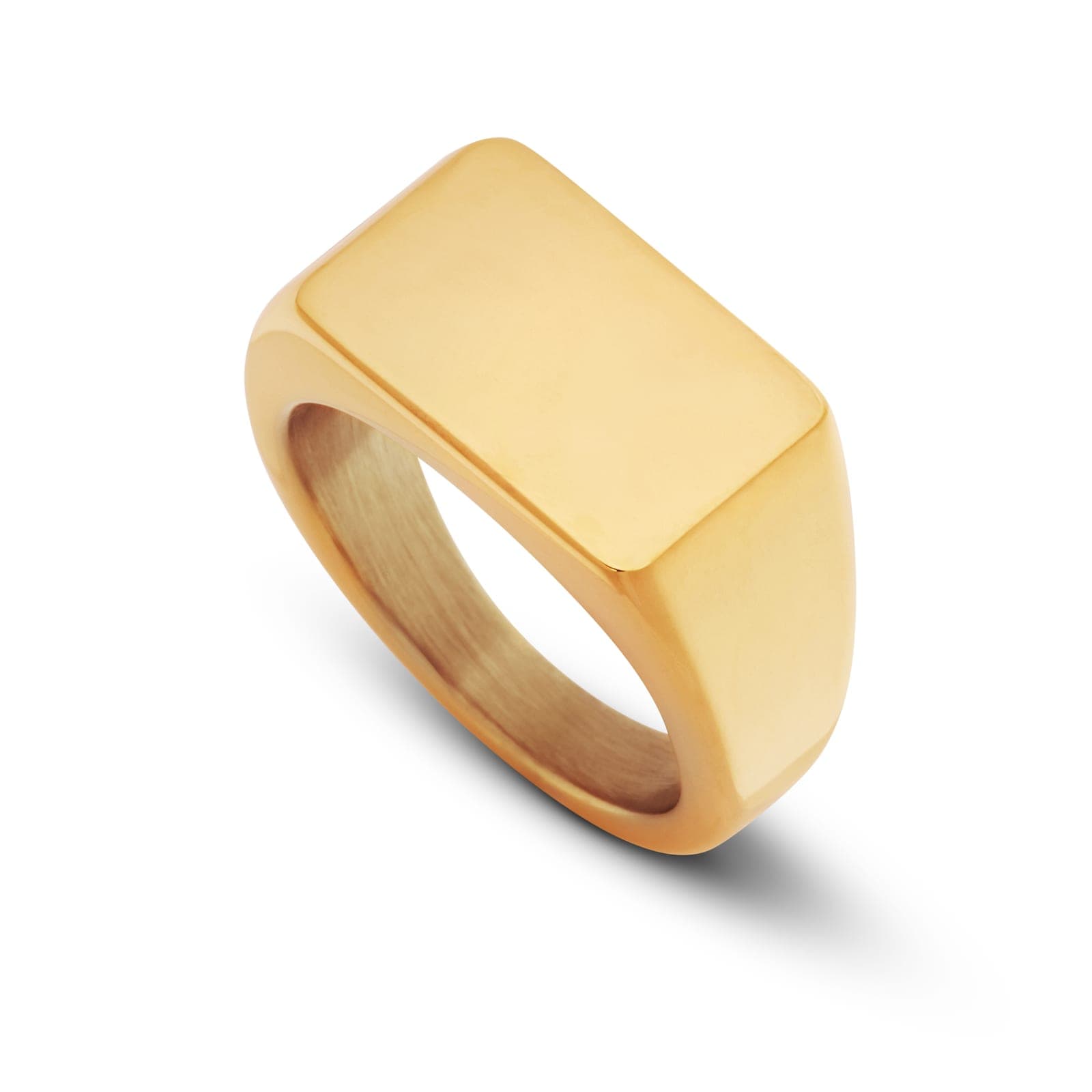 The Cartouche in 18k gold PVD, seen at an angle: a signet with a rectangle face